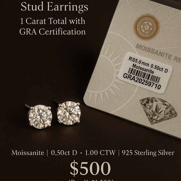 ✨ Moissanite Diamond & Sterling Silver Earrings1 Carat...